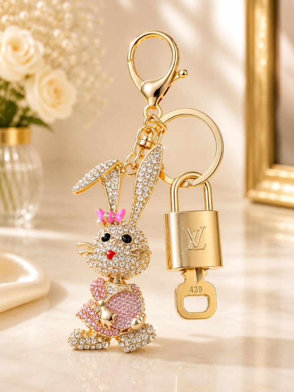 Louis Vuitton Gold Padlock Key 🔒 Authentic LV Charm + Unbranded Bunny Keychain